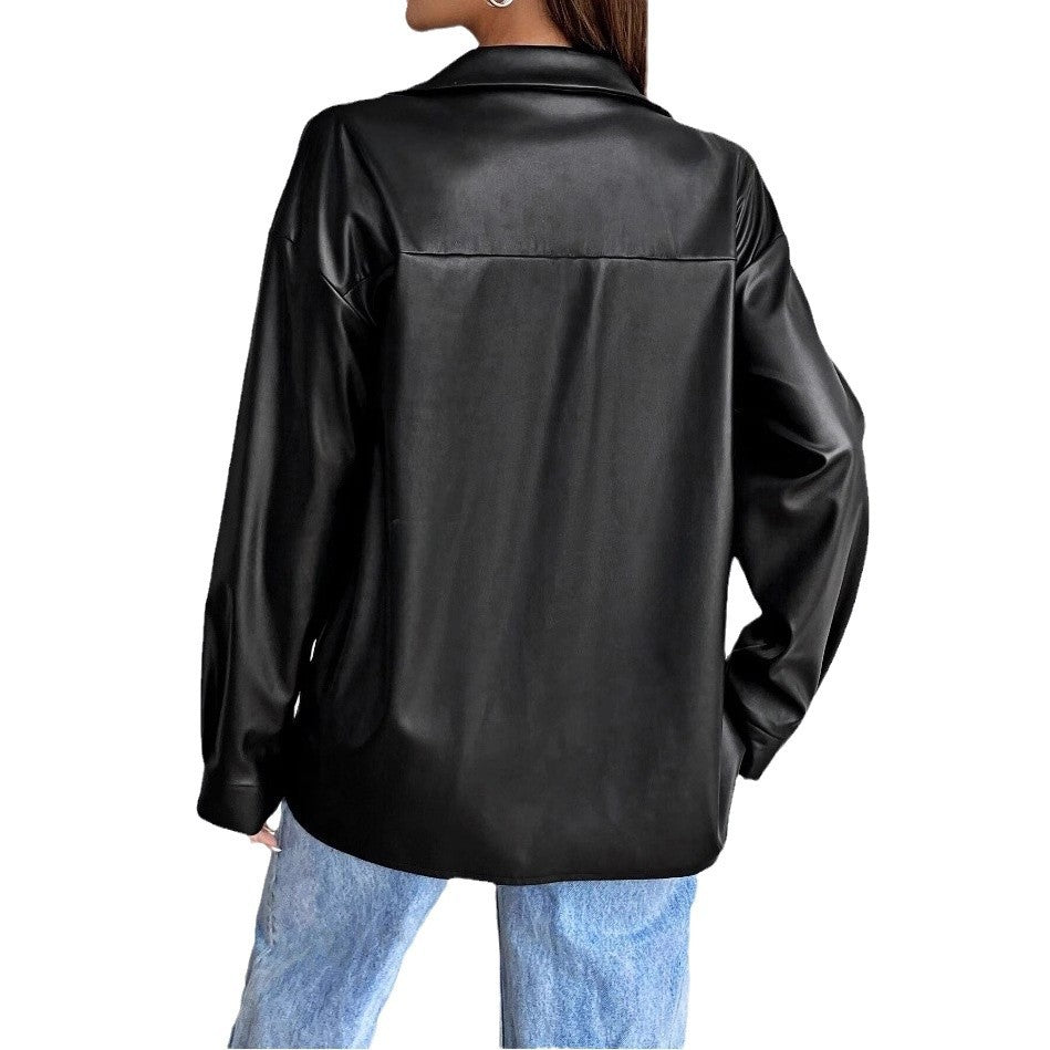 Damen modische Kunstlederjacke im schicken Oversized-Stil EB