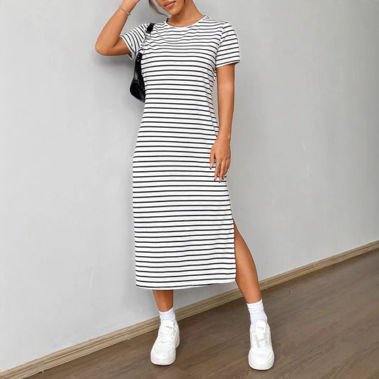 Damen gestreifte Midi-Kleid EB