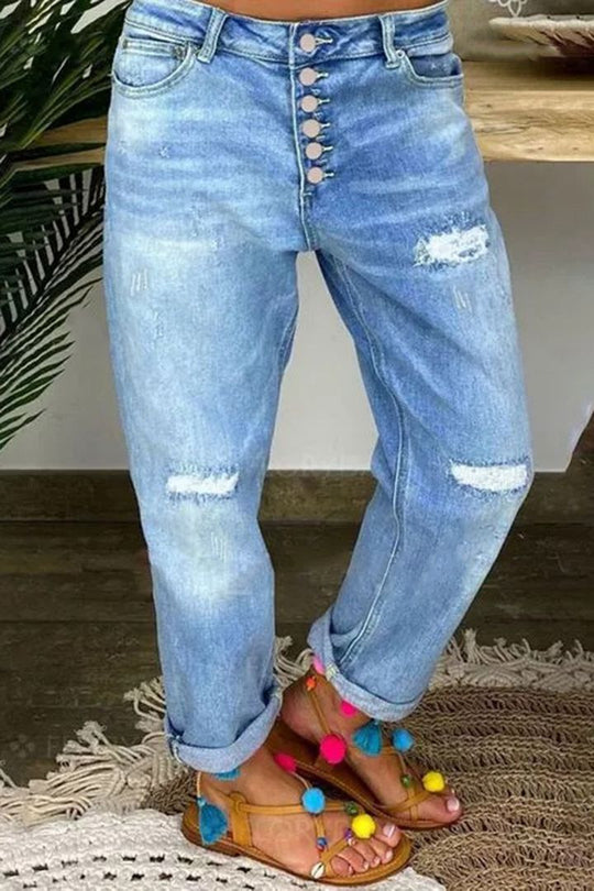 Damen Boyfriend-Jeans mit Knopfleiste und Distressed-Details EB