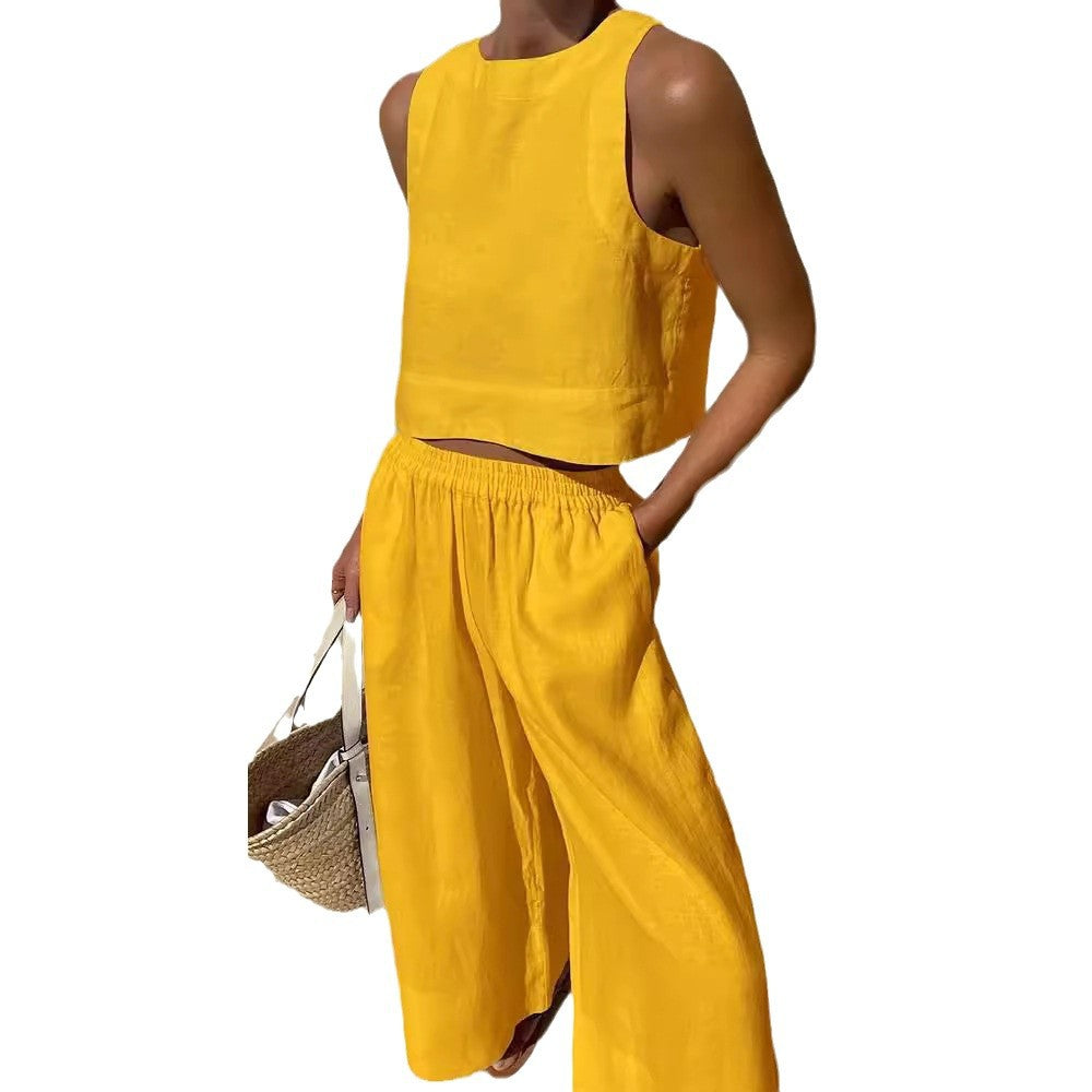 Damen luftiges Leinenoberteil mit weiter Hose EB
