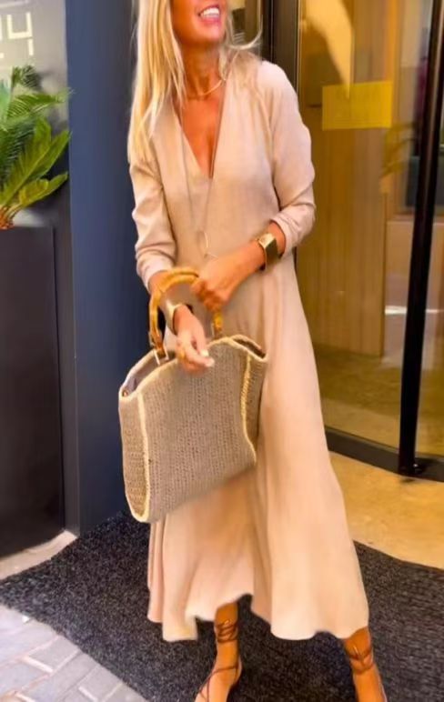 Damen nan bodenlanges V-Ausschnitt Kaftan-Maxikleid aus Leinenmix mit lockerer A-Linie und verdeckten Seitentaschen EB