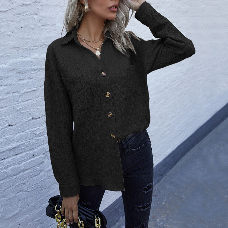 Damen Strukturierte Oversize-Hemdbluse mit Brusttaschen und Knopfleiste EB