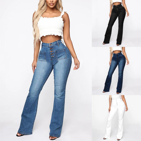 Damen nan High-Waist Schlaghose mit sichtbarer Knopfleiste und aufgesetzten Fronttaschen EB