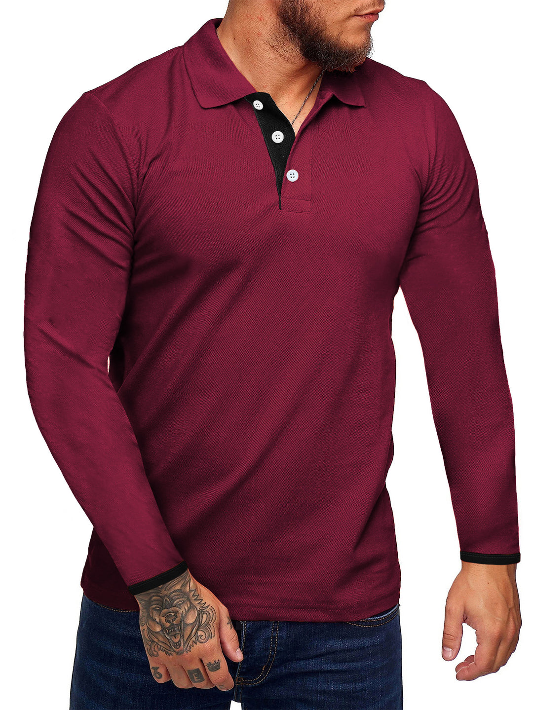Herren Langarm-Polohemd mit kontrastierenden Knopfdetails EB