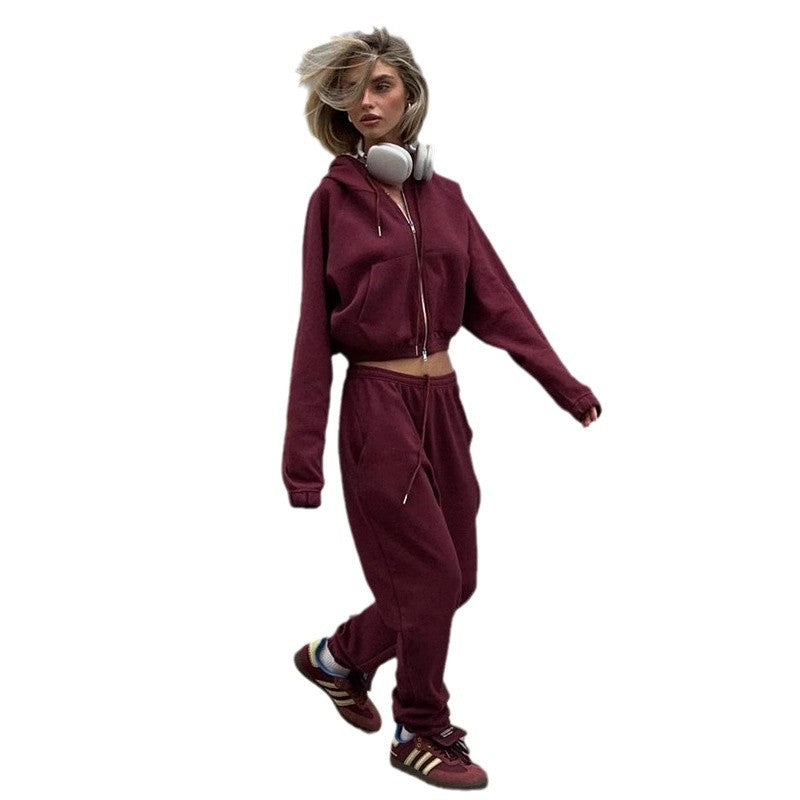 Damen Sportliches Hoodie-Set mit hohem Kragen und bequemen Hosen EB
