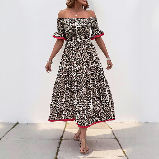 Damen Off-Shoulder Maxikleid mit tierischem Muster und Rüschendetails EB