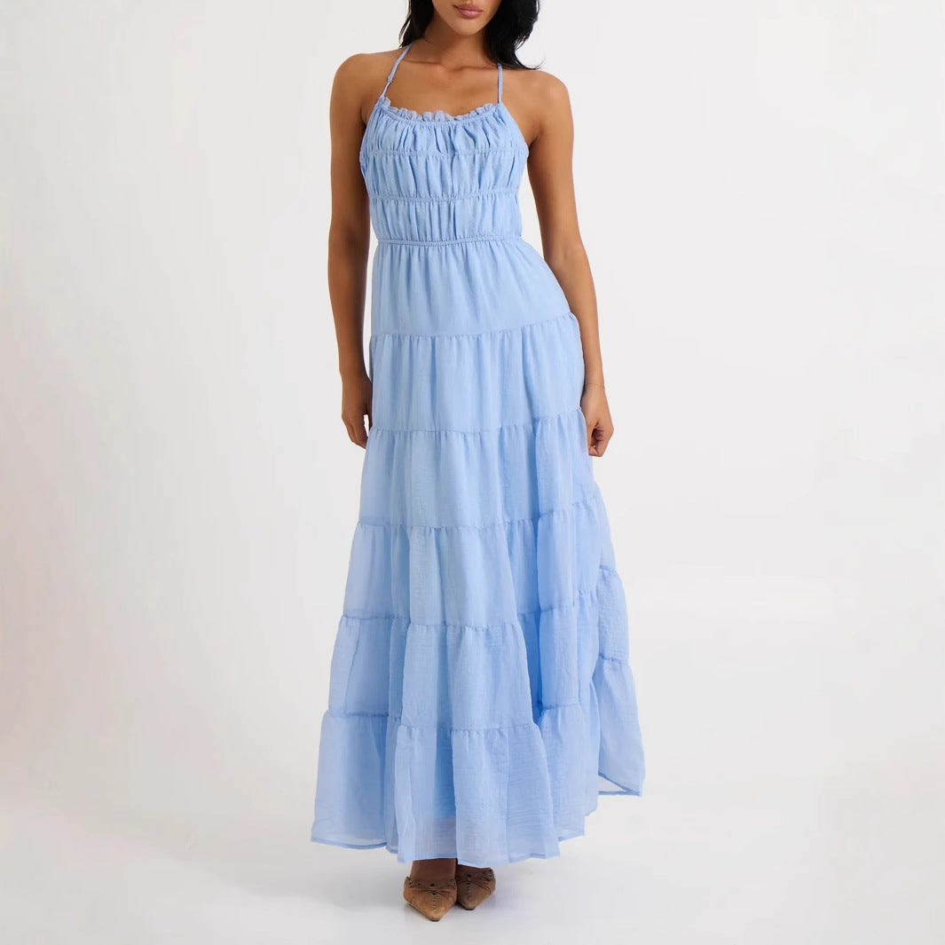 Damen luftiges Maxikleid mit Rüschendetails und elastischem Taillenbund EB