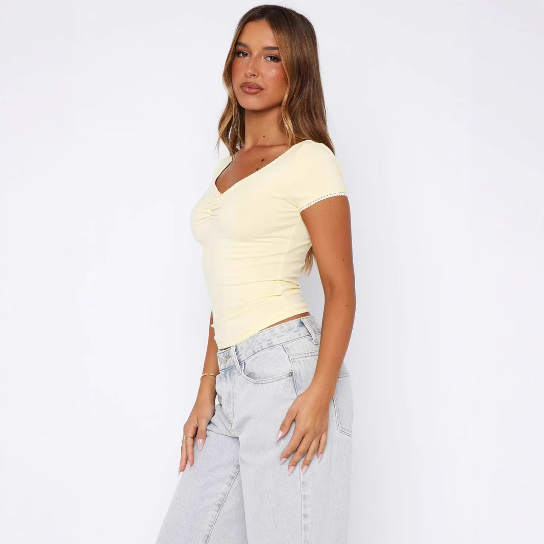 Damen figurbetontes Kurzarm-Top mit Raffung und Zierkante EB