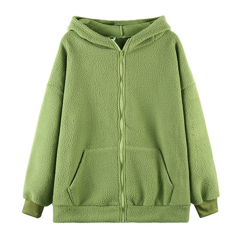 Damen kuschelige Fleecejacke mit Ohren und praktischen Eingrifftaschen EB