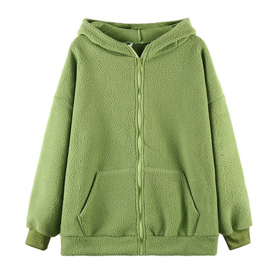 Damen kuschelige Fleecejacke mit Ohren und praktischen Eingrifftaschen EB
