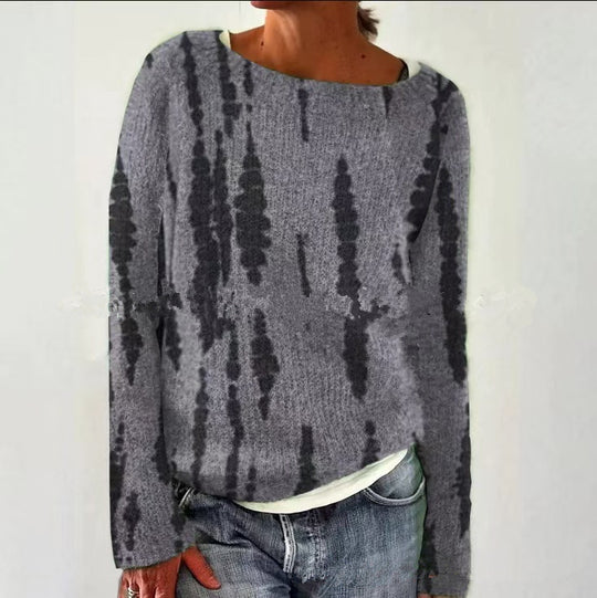 Damen nan melierter Rundhalsausschnittpullover mit kreisförmigem Jacquard-Yoke und geripptem Saum EB