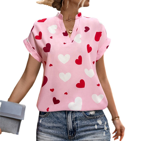 Damen luftiges Blusenshirt mit herzförmigem Print und lockerer Passform EB