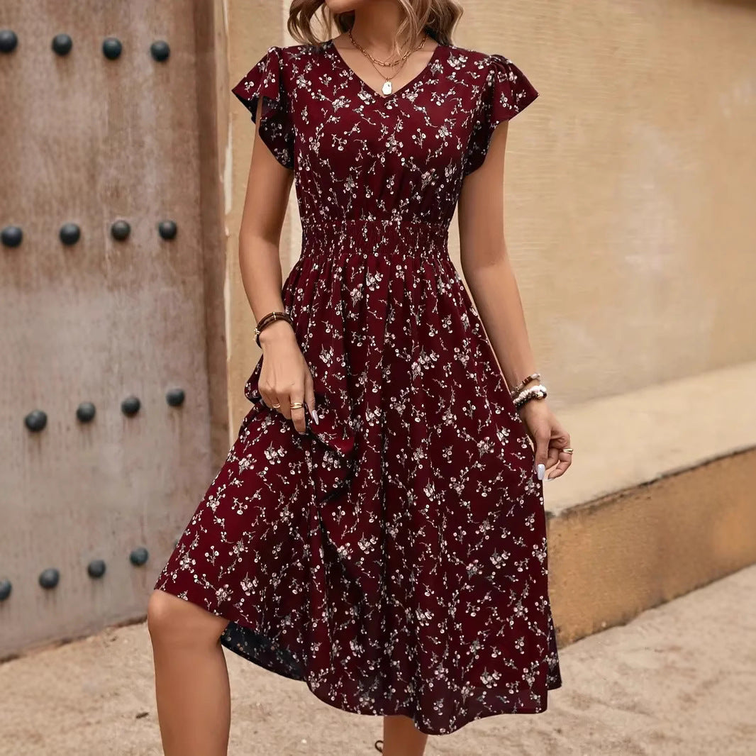 Damen Midikleid mit elastischem Tailleneinsatz und Rüschenärmeln EB