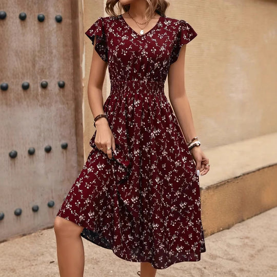 Damen Midikleid mit elastischem Tailleneinsatz und Rüschenärmeln EB