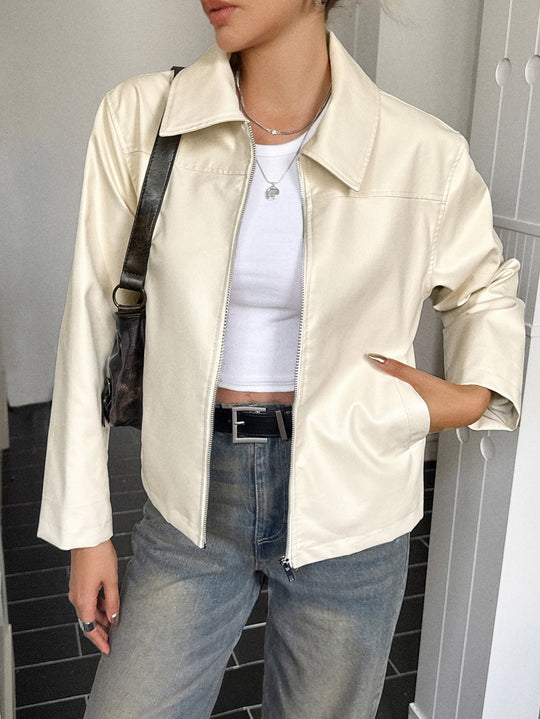 Damen nan elegante Kunstlederjacke mit Reißverschluss, Hemdkragen und Eingrifftaschen EB