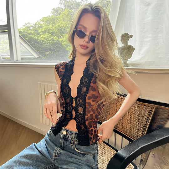 Damen Sexy Spitzenoberteil mit Leopardenmuster EB