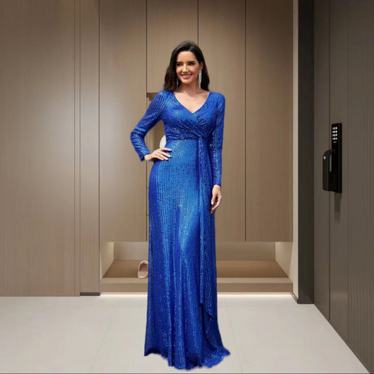 Damen Elegantes Pailletten Abendkleid mit Wickeloptik und langen Ärmeln EB