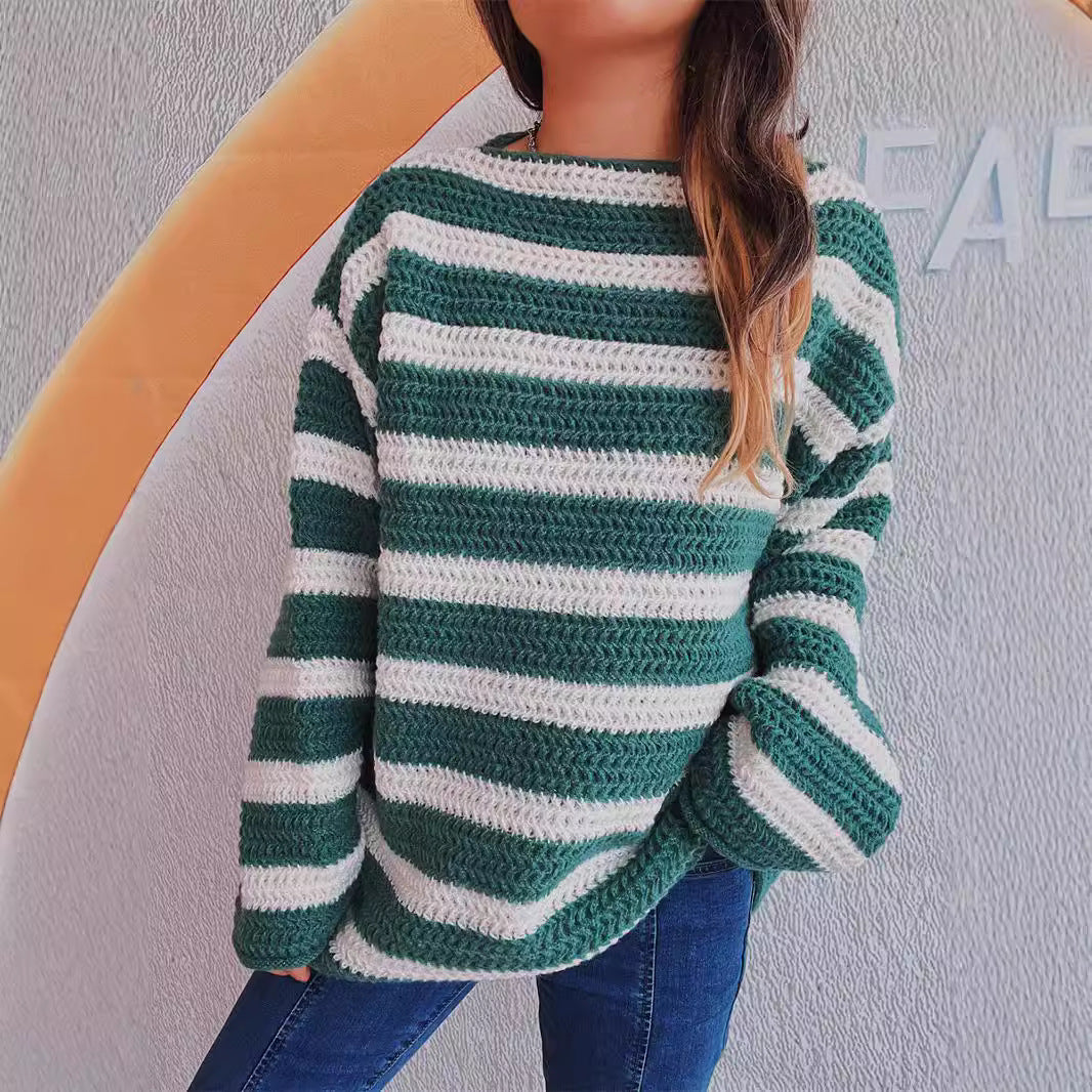 Damen lässiger Strickpullover mit blockierendem Streifenmuster und weitem Schnitt EB