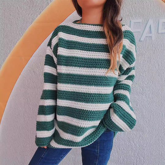 Damen lässiger Strickpullover mit blockierendem Streifenmuster und weitem Schnitt EB