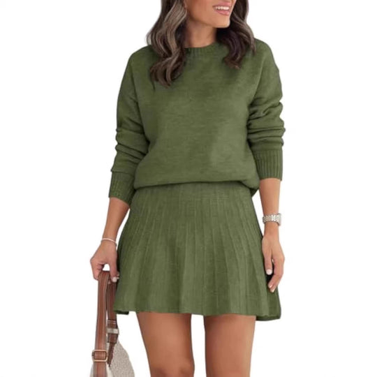Damen Zweiteiliges Strick-Set mit Rundhals-Pullover und Plissée-Minirock EB