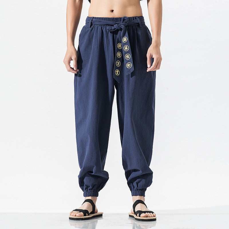 Damen nan weite Leinenhose mit Tunnelzug Bund Bindedetail und elastischen Knöchelabschlüssen EB