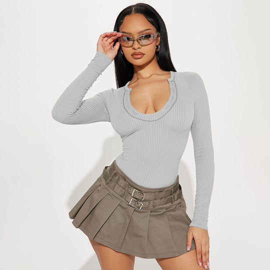 Damen Figurbetonter Rippshirt-Body mit langen Ärmeln und hohem Beinschnitt EB