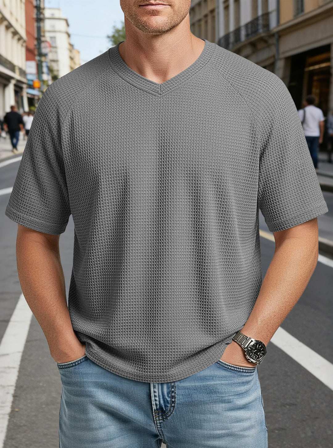 Herren nan lässiges V-Ausschnitt Waffelstrick-T-Shirt aus atmungsaktivem Baumwollmix EB