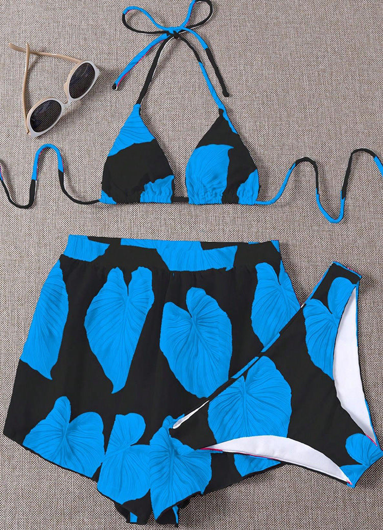 Damen Bikini-Set mit lässigem Rock und verspieltem Tropenblattmuster EB