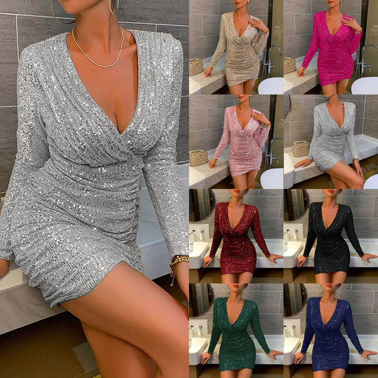 Damen Funkelndes Minikleid mit tiefem V-Ausschnitt und langen Ärmeln EB