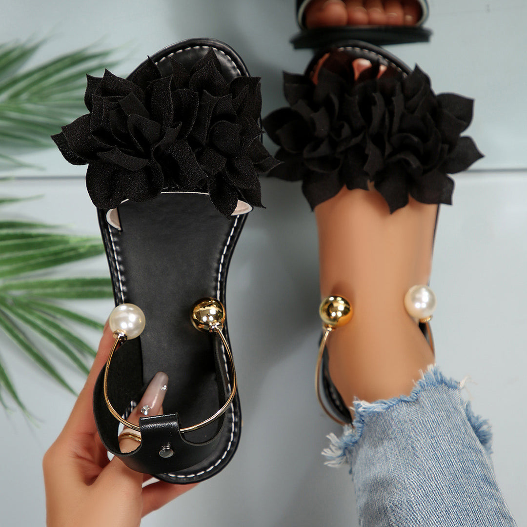 Damen komfortable Sandalen mit dekorativen Blumen-Applikationen EB