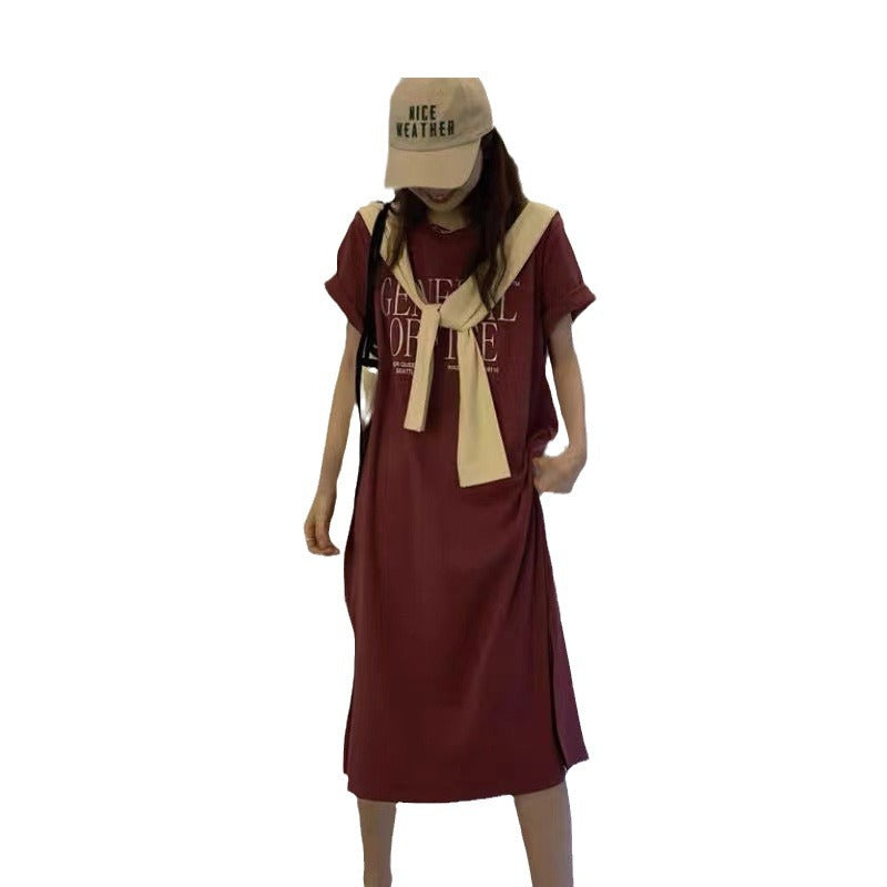 Damen Casual T-Shirt Kleid mit kreativem Schriftzug EB