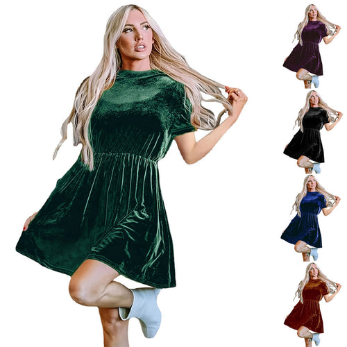 Damen Samtige Kurzarm-Kleid mit tailliertem Schnitt und A-Linien-Rock EB