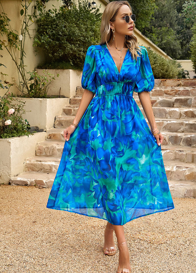 Damen Maxikleid mit Blumenmuster und eleganten Puffärmeln EB