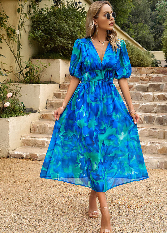 Damen Maxikleid mit Blumenmuster und eleganten Puffärmeln EB