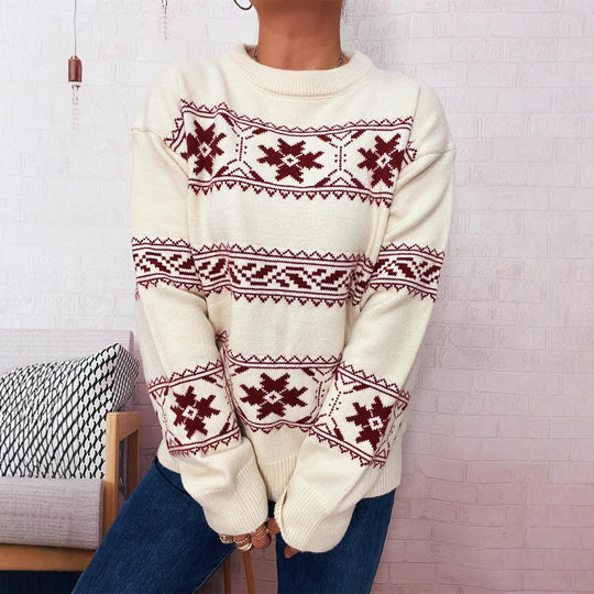 Damen Winterpullover mit festlichem Schneemuster und weichem Strick EB