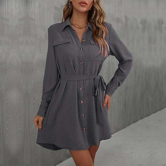 Damen Hemdblusenkleid mit praktischen Taschen und Bindegürtel EB