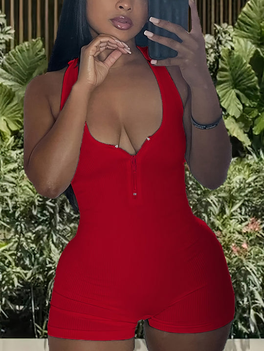 Damen Jumpsuit mit tiefem Ausschnitt und Reißverschluss EB