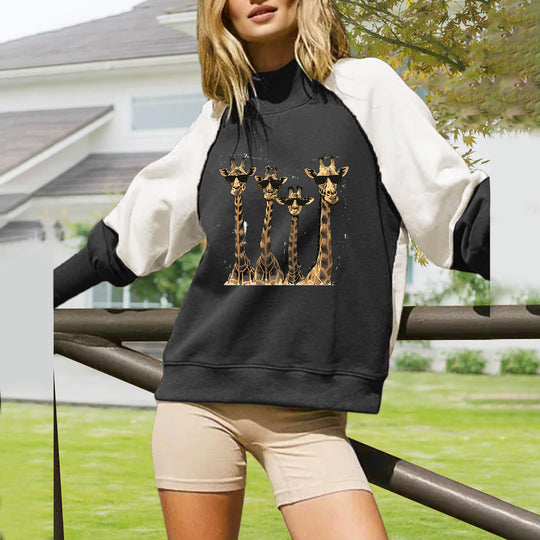 Damen nan lässiges Oversize Sweatshirt mit hohem Rollkragen, Raglanärmeln und Giraffen-Print EB