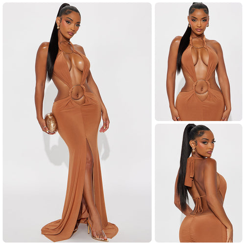 Damen aufregendes Maxikleid mit tiefem V-Ausschnitt und eleganten Raffungselementen EB