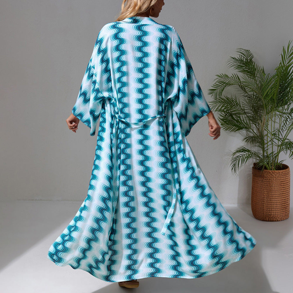 Damen Langer Strandkaftan mit V-Ausschnitt, Taillen-Bindegürtel & hohem Beinschlitz EB