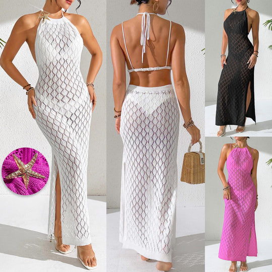Damen gehäkeltes Maxi-Kleid mit tiefem V-Ausschnitt EB