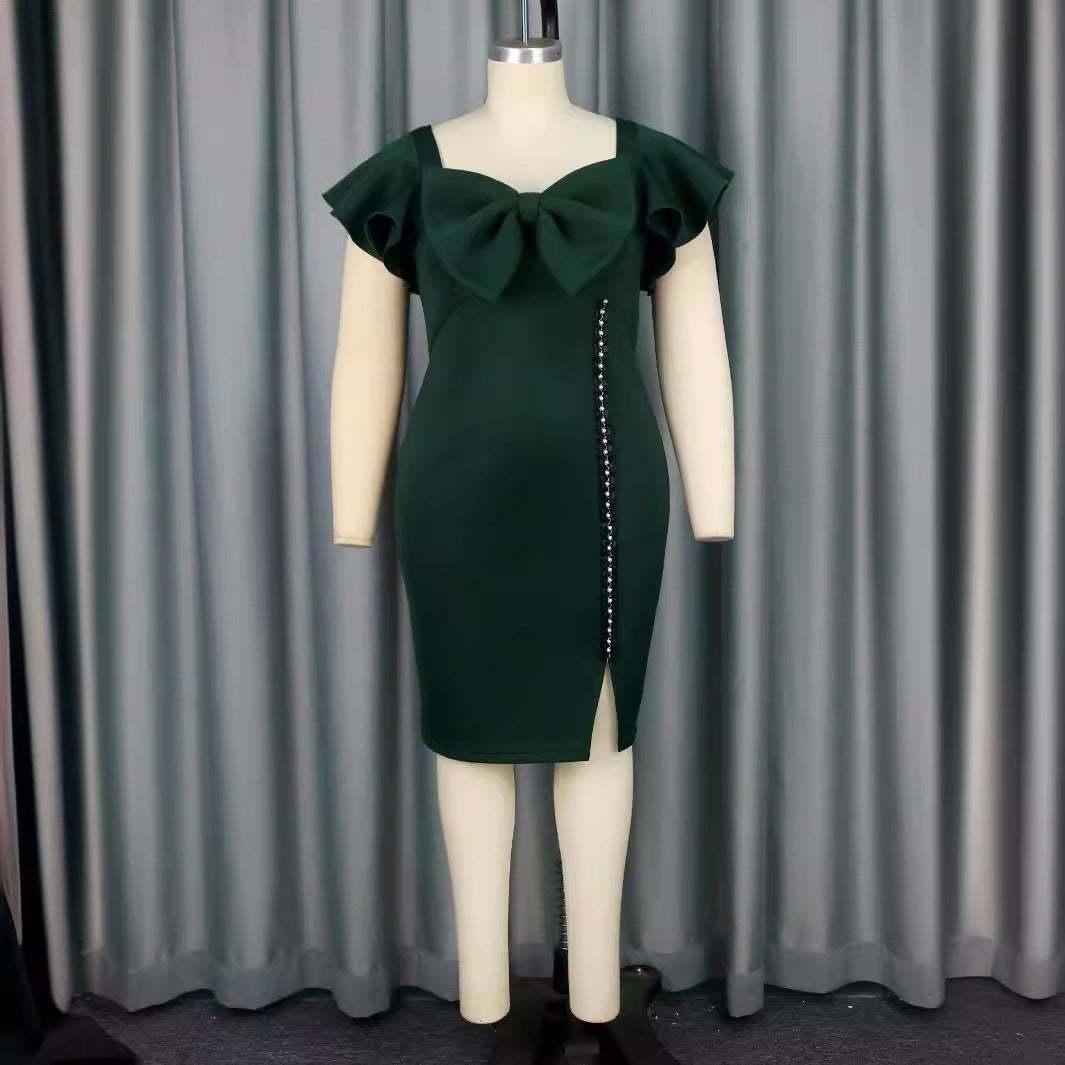 Damen figurbetontes Kleid mit großem Schleifenakzent und seitlichem Schlitz EB