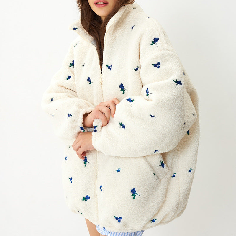 Damen kuschelige Fleecejacke mit Blumenstickerei EB