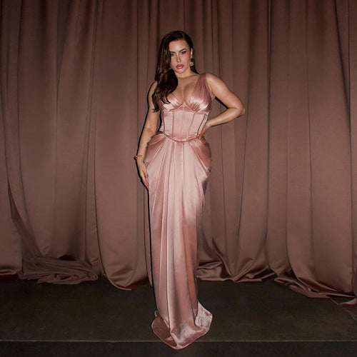 Damen elegantes Maxikleid mit feinem V-Ausschnitt und tailliertem Design EB