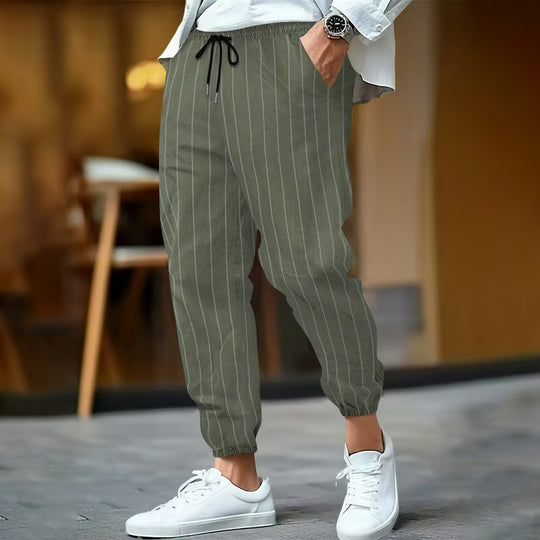 Herren nan gestreifte Leinenoptik Jogginghose mit Tunnelzug elastischem Saum und Eingrifftaschen EB
