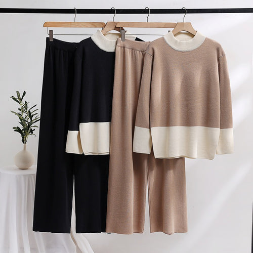 Damen elegantes Strick-Loungewear-Set mit weitem Bund und dekorativem Kragen EB