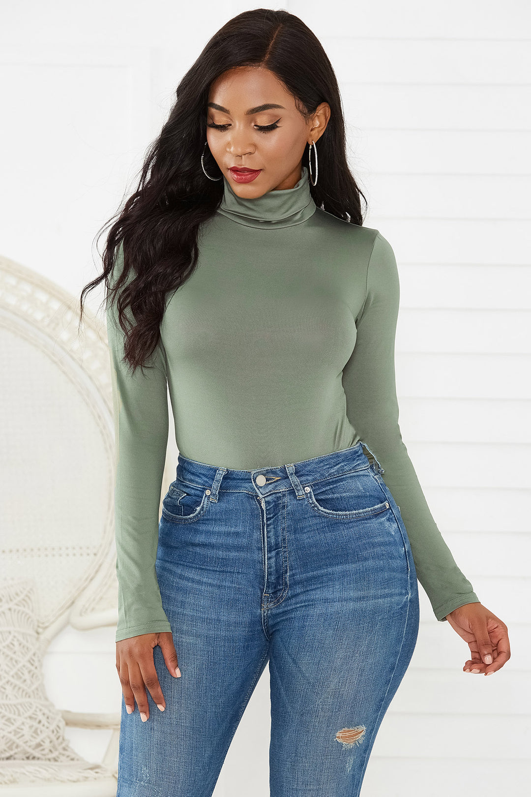 Damen Eleganter Langarmbody mit hohen Kragen EB