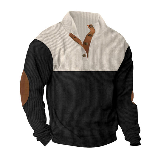 Herren nan gerippter Pullover mit Stehkragen, Knopfleiste und Ellbogen-Patches EB
