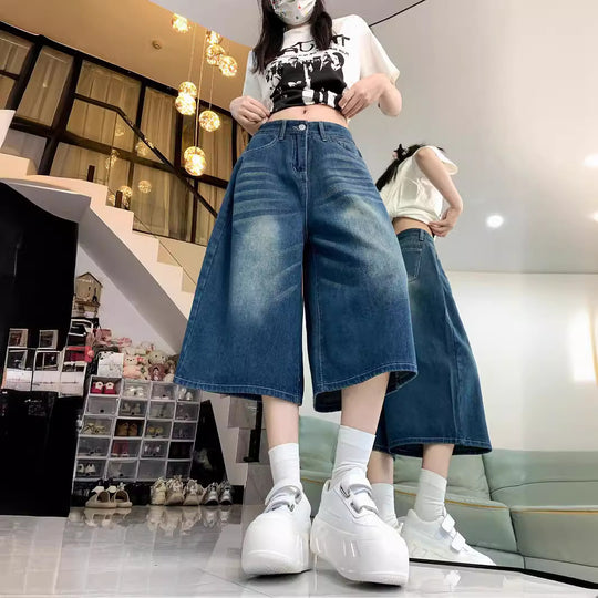 Damen Weite Denim-Culotte mit hohem Bund und elastischem Taillenbund EB