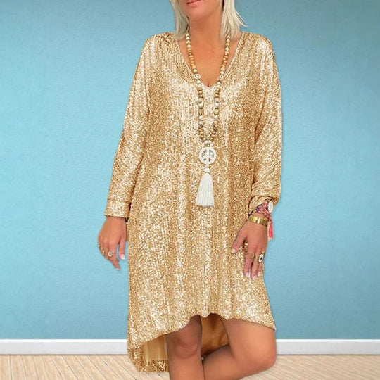 Damen Glitzerndes Oversized Kleid mit V-Ausschnitt und langen Ärmeln EB